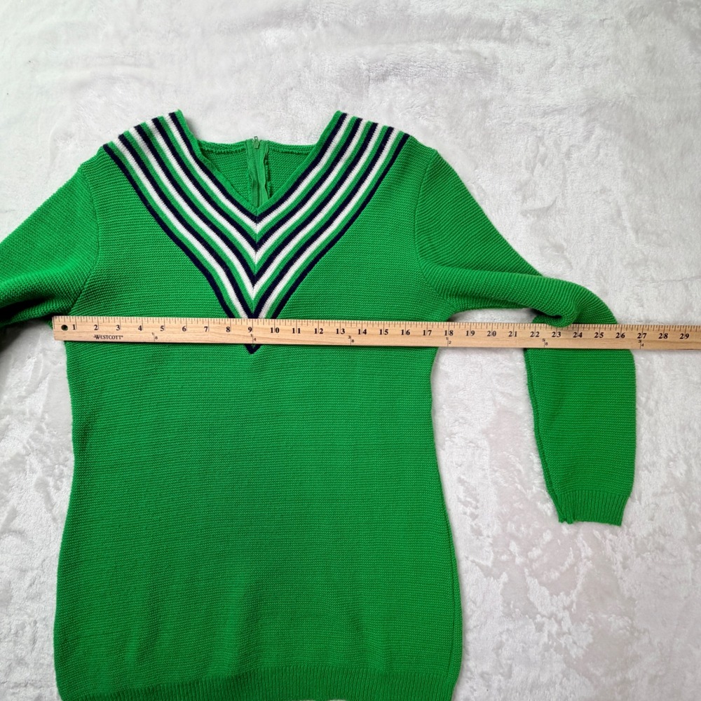 Vintage 70s Retro Green Striped V-Neck Knit Sweater Varsity Preppy Zip Back Top - Picture 6 of 8
